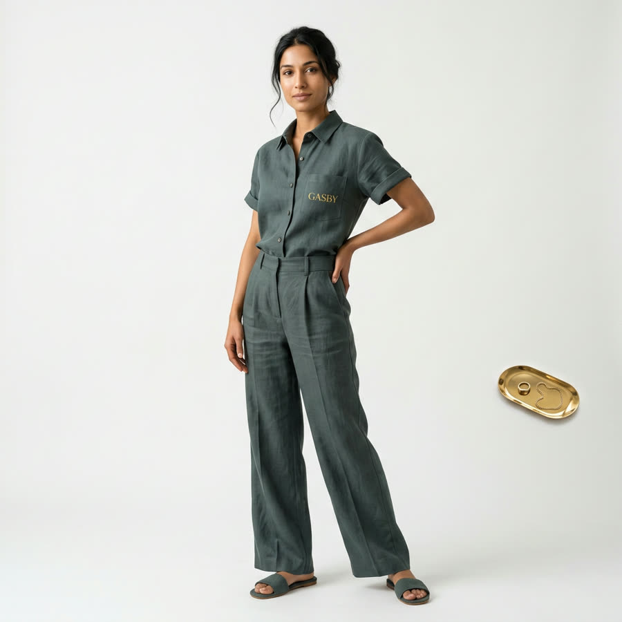 AI photoshoot — Aria in a linen co-ord, studio